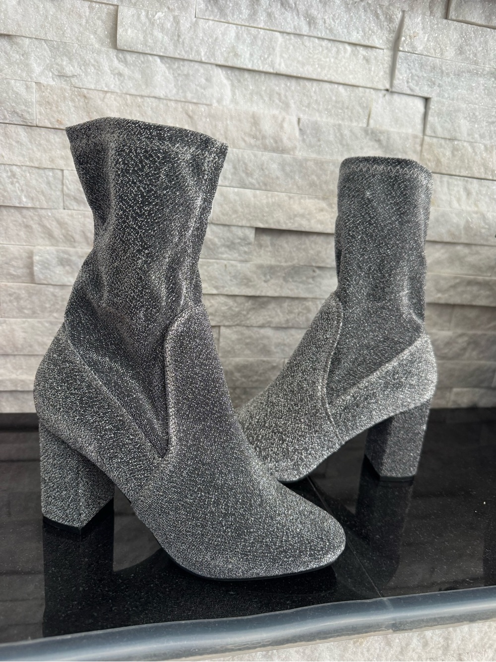 Bonnibel Silver Glitter Sock Booties with Block Heel